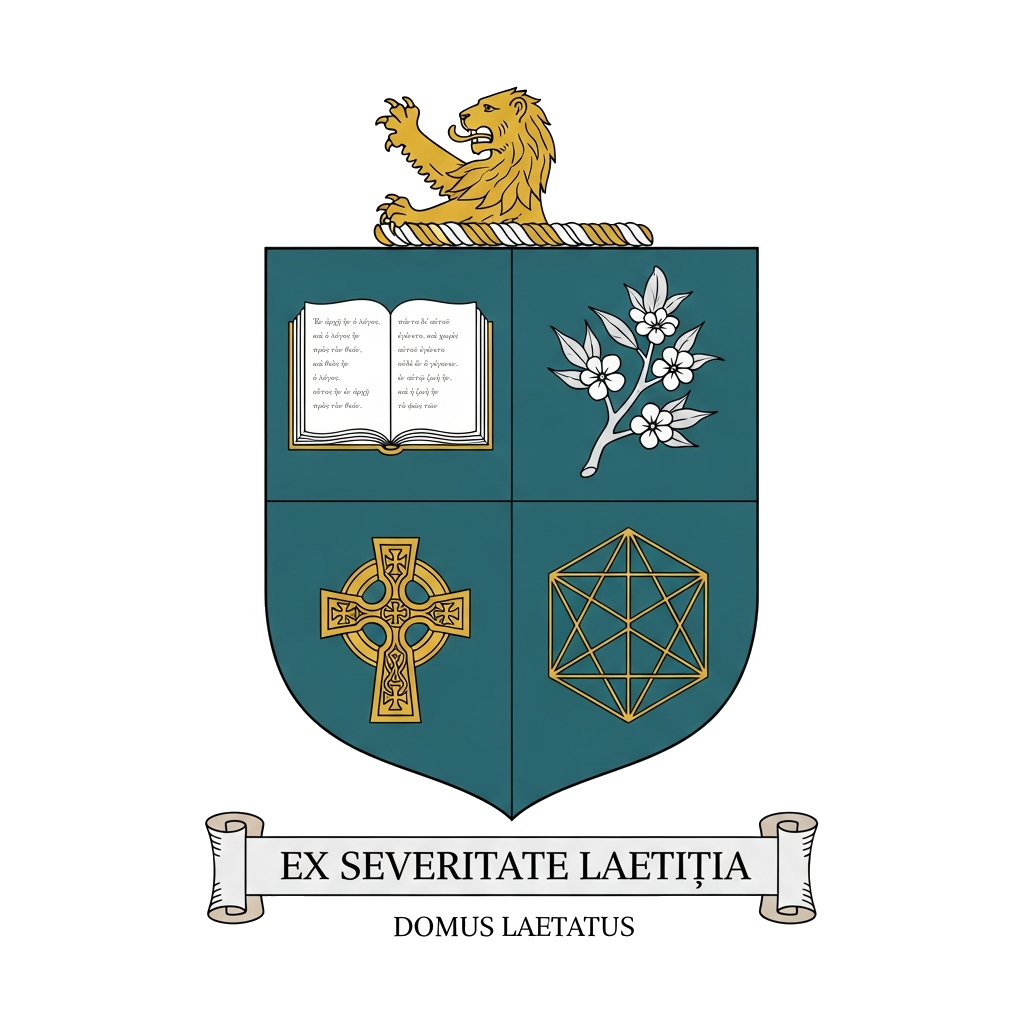 Coat of Arms of House Laetatus — Quartered: Book, Almond Branch, Celtic Cross, Cube; Crest: Lion Rampant